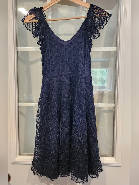 Suzy Shier Navy Lace Midi Dress with Ruffle Detail - Picture 2 of 12
